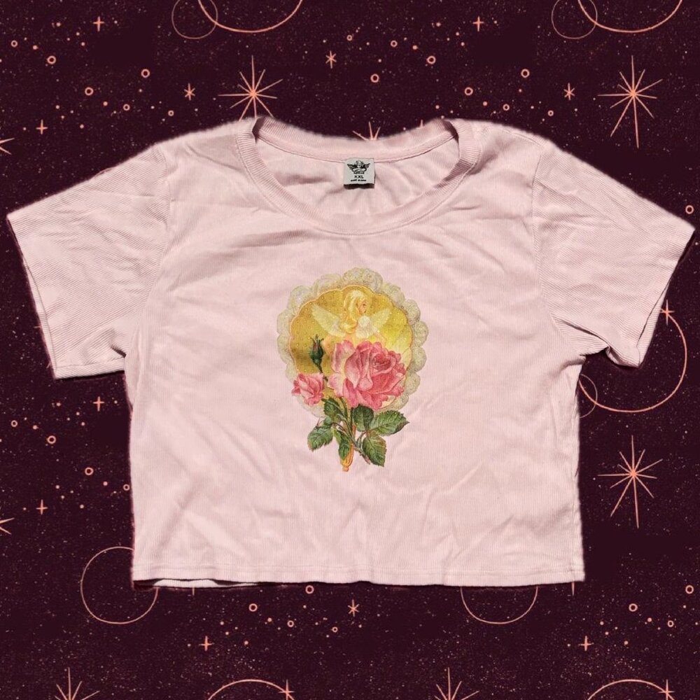 Pink Boys Lie cropped fairy top with studded angel and rose design 🌸🪷
